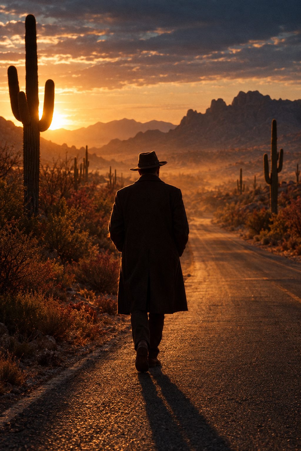 A silhouette walking a Southern Arizona desert road at golden hour.