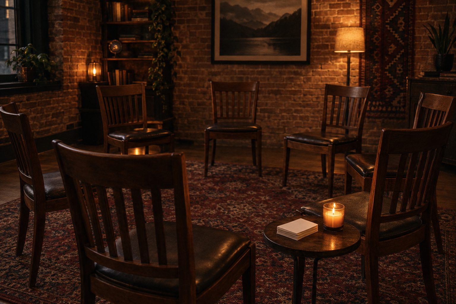 An empty circle of chairs in a warm, private Act 2 For Men conversation room.