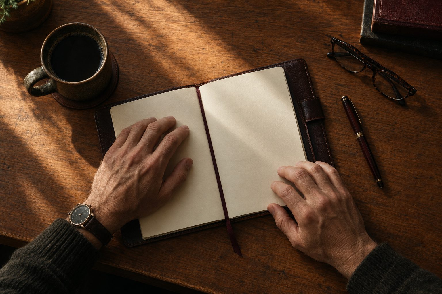 A man's hands resting on an open leather journal in warm morning light.